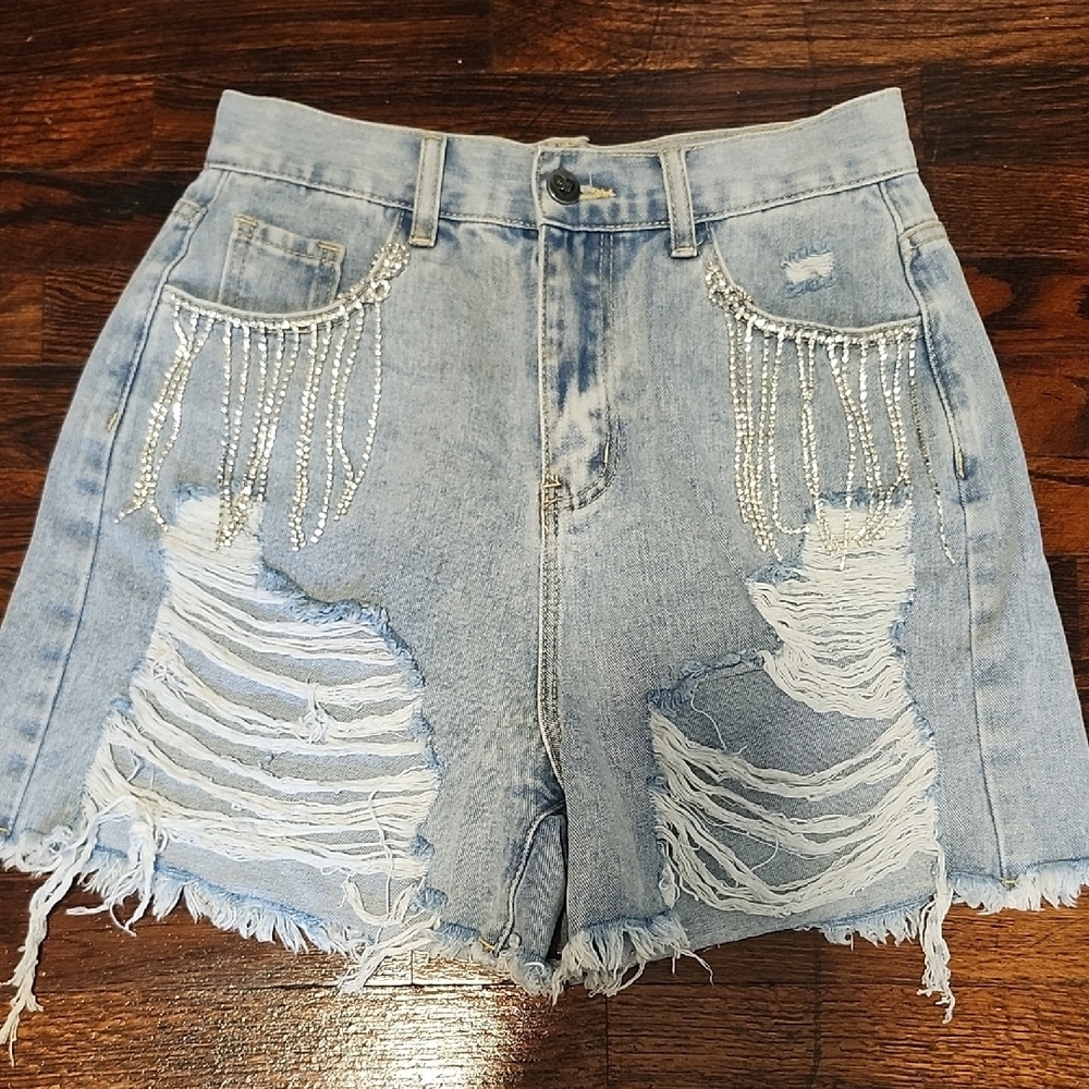 Buddy Love Light Blue Ultra Distressed Jean Shorts Rhinestone Embellishment Y2K